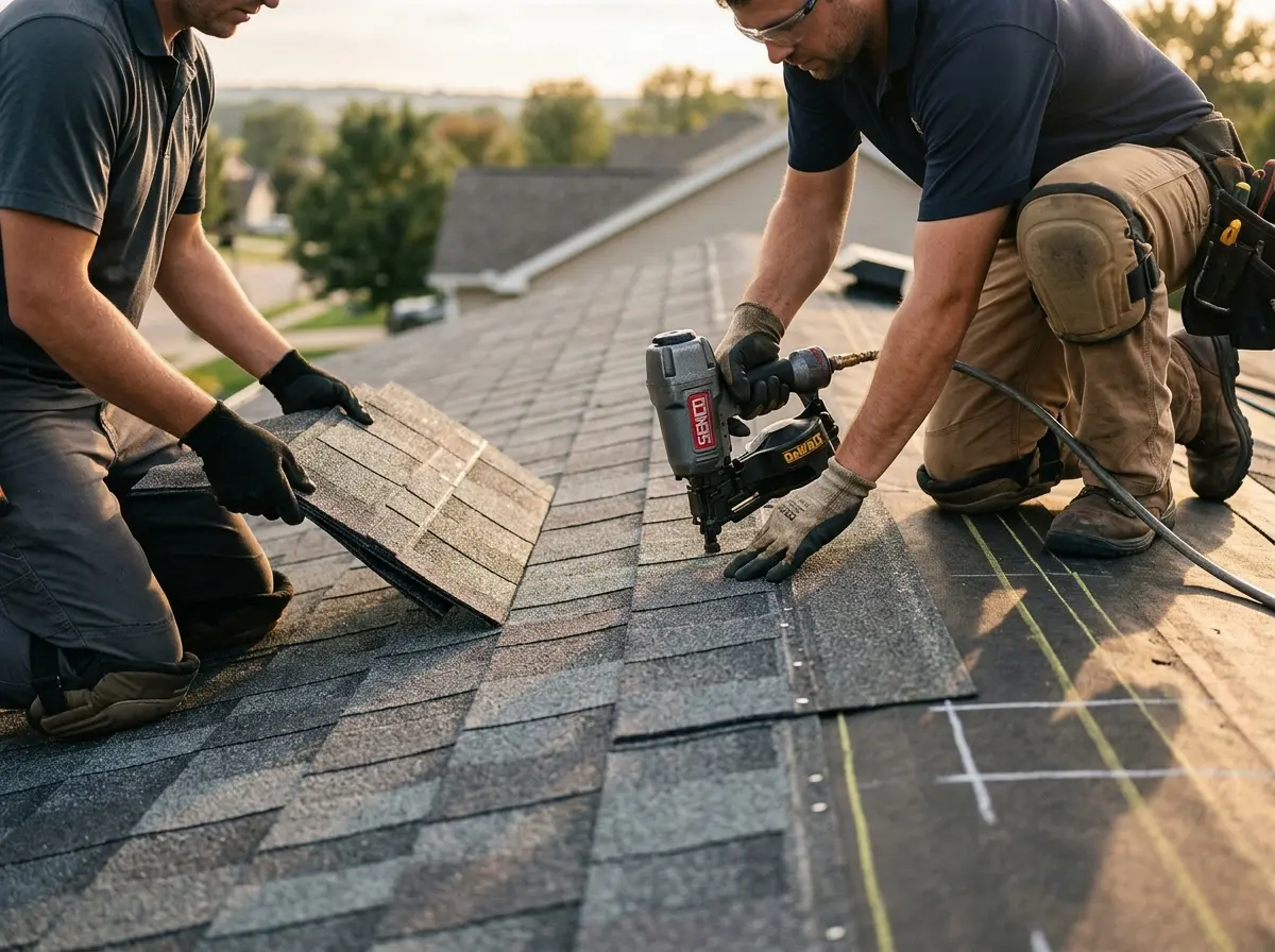 Professional roofer working on a residential roof in Cascade